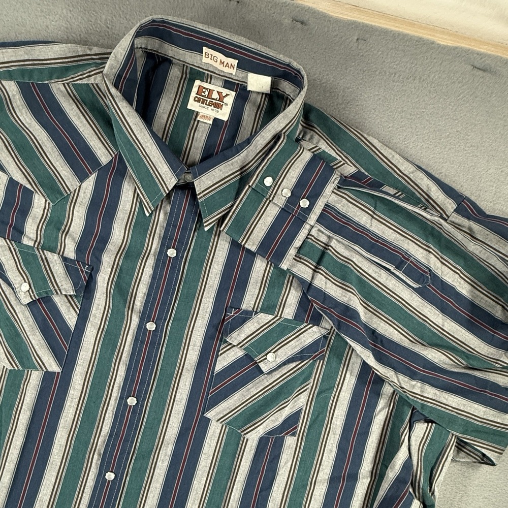 Ely Cattleman Pearl Snap Shirt Mens 4XLB Big Blue‎ Green Stripe Western Style